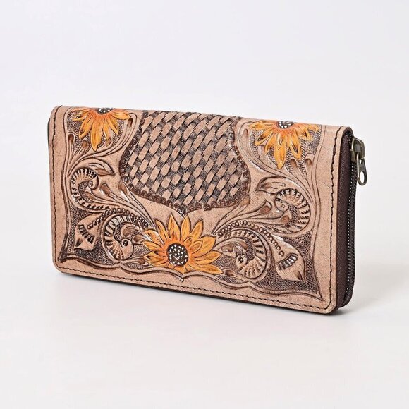 ⭐Women's Bifold Flower Carved Slots Basket Tooled Clutch Zip Around Wristlet - Picture 2 of 7